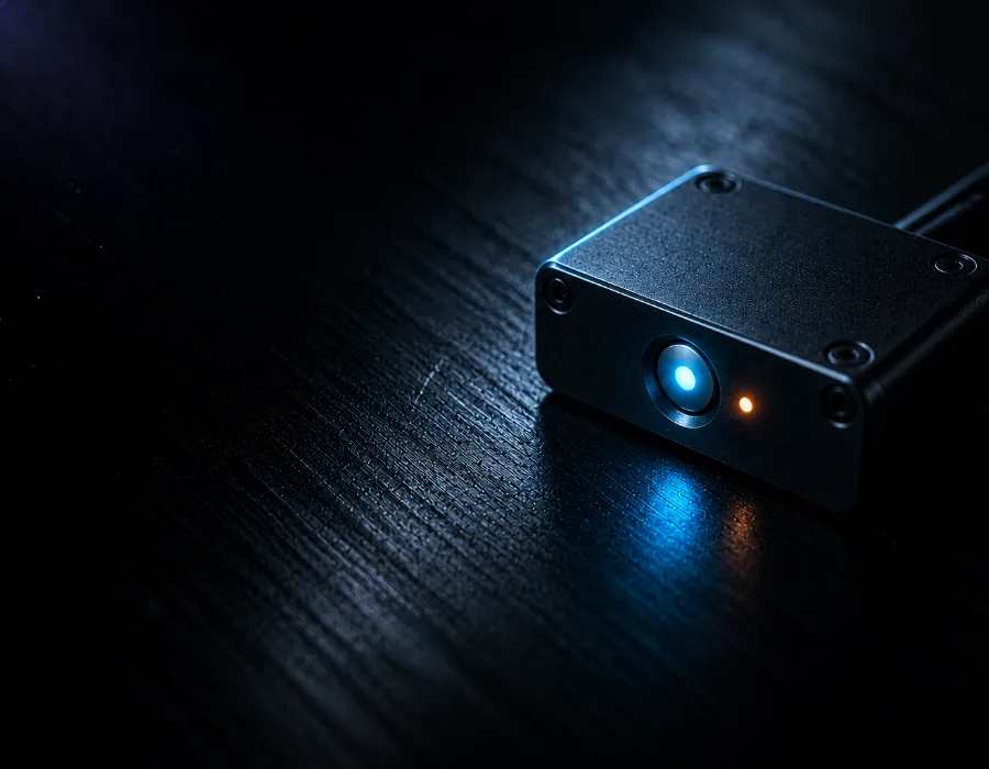 A small hardware module with one recessed indicator glowing warm