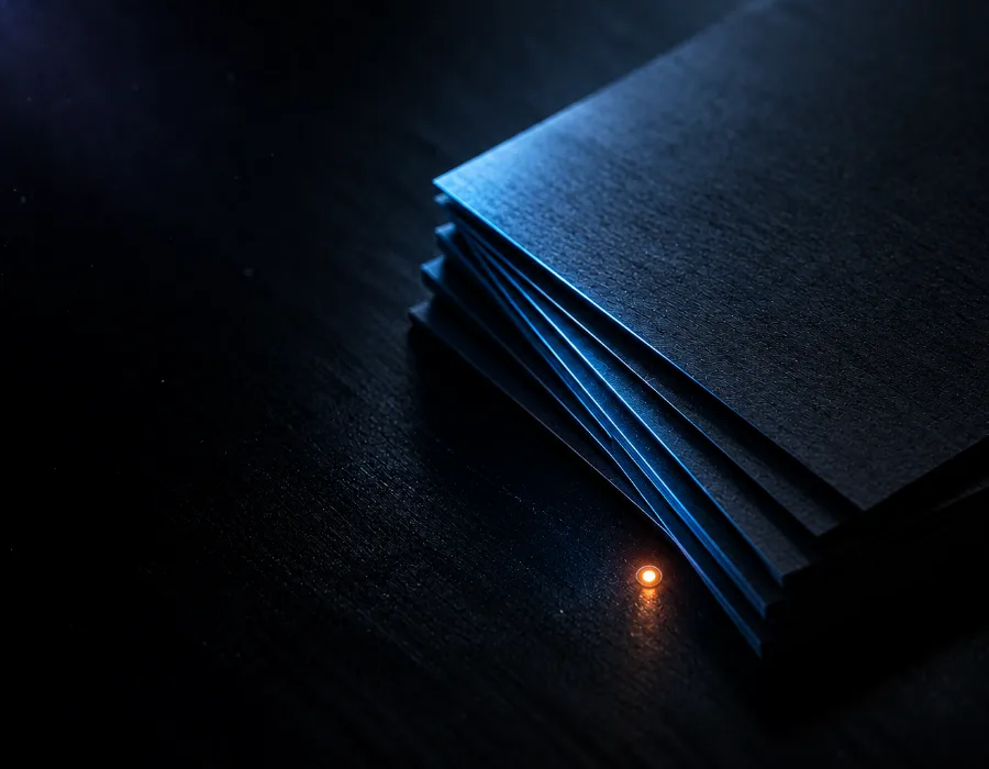 A metal card-index drawer, half open, edges catching warm light
